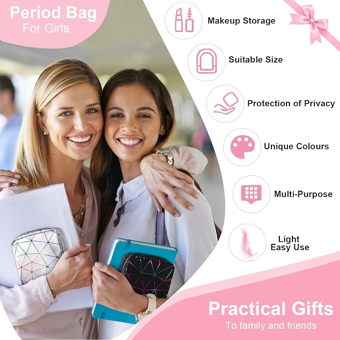 Sanitary Napkin Storage Bag, Menstrual Cup Pouch Nursing Pad Holder Tampon Bags Feminine Product Pouches Portable Period Kit Bag for Girls Women Ladies 2 Pack (Dazzling Black/Silver)
