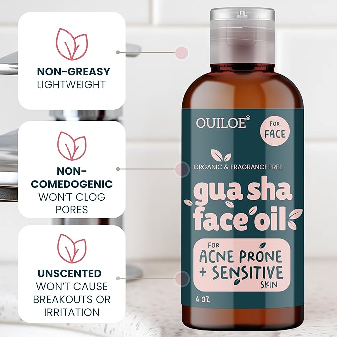 Non Greasy Gua Sha Oil for Acne Prone, Sensitive Skin - Non Comedogenic Face Oil for Guasha Massage - Lymphatic Drainage Oil for Face Contour - Fragrance Free, Natural, Lightweight, 4oz
