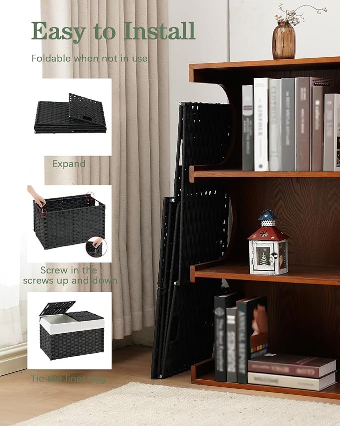 SETVSON Storage Basket with Lid PE Rattan Woven Storage Bins, 65L Black | 65L Storage Bin with 2 Separate Lids, 2 Removable Liner Bags with Divider, Sturdy Metal Frame, Foldable Side Handles