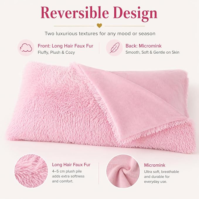 REAFORT Long Hair Faux Fur Body Pillow Cover 21"x54", Hidden Zipper (Pink) | Ultra-soft long hair faux fur with a hidden zipper offers luxurious comfort and is machine washable for easy care.