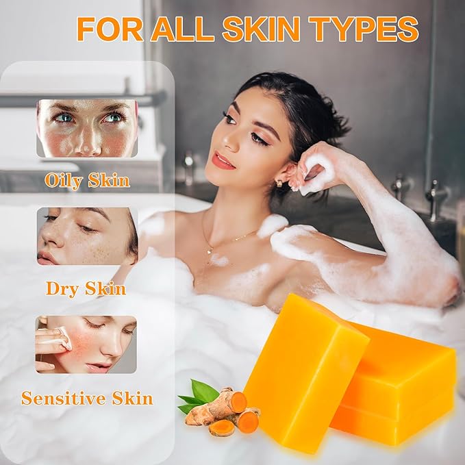 3 PCS Turmeric Soap, Natural Tumeric Bar Soap for Face & Body Cleanse, Organic Bath Soap Bar Body Smooth, Skin Moisturizing Soothing Exfoliating, For All Skin Types, Men & Women