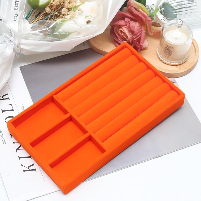 Velvet Jewelry Trays for Drawers, Orange 2-in-1 | Stackable Jewelry Drawer Organizer Inserts, Ring Earring Necklace Holder Organizer Storage Tray with Removable Dividers