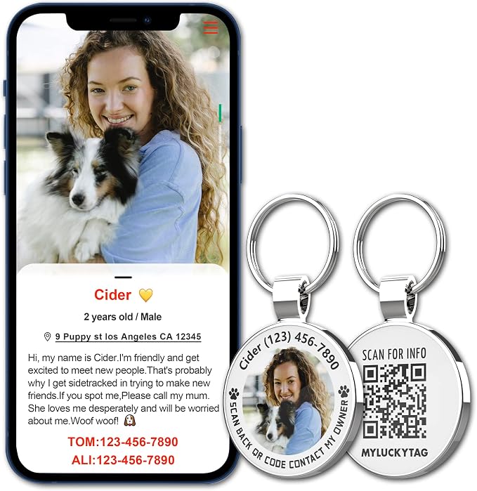 MYLUCKYTAG Personalized QR Code Pet ID | Dog & Cat Collar Tag | Online Profile with Instant Scanned Location Alert Email