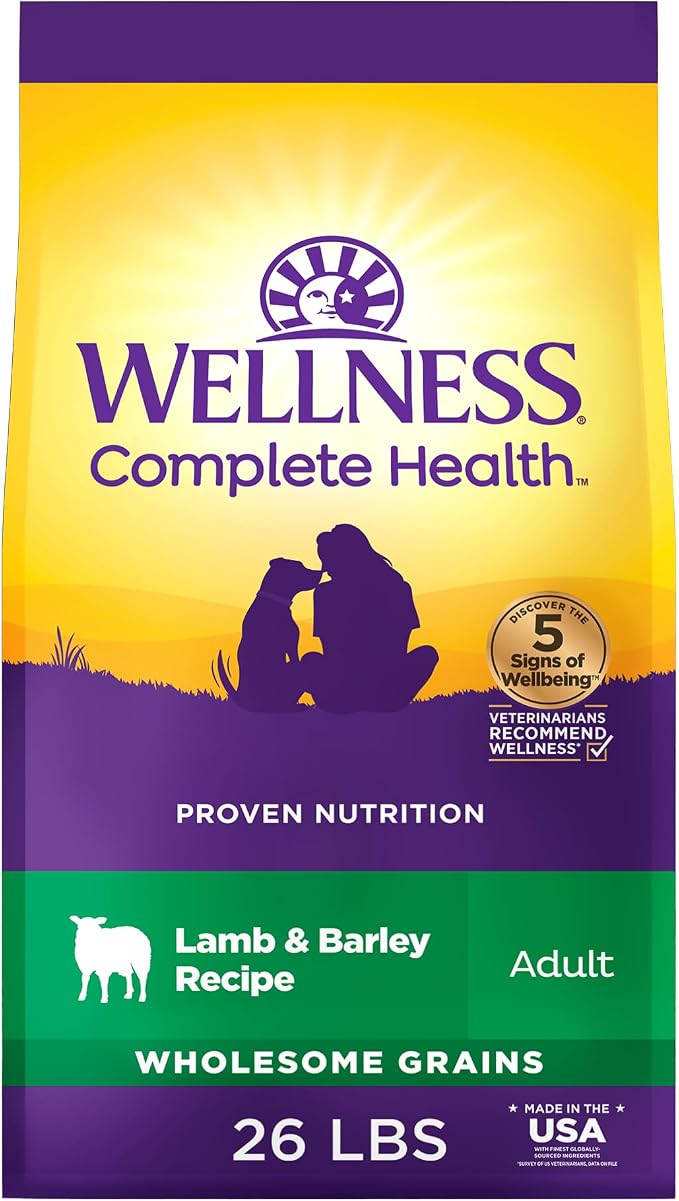 Wellness Complete Health Adult Dry Dog Food, Wholesome Grain Kibble, Natural, Lamb and Barley Recipe, 26 lb Bag