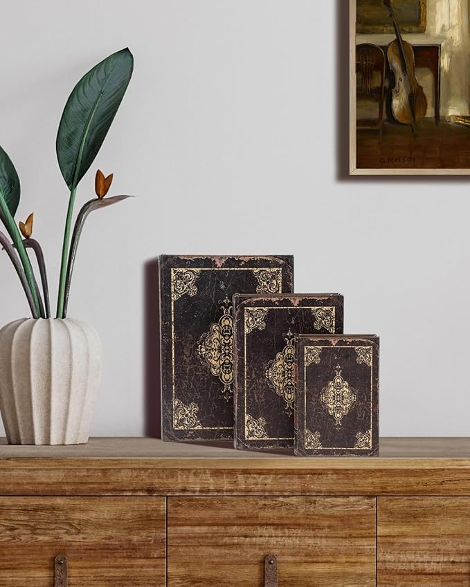Wooden Book Box Set of 3 with Magnetic Closure and Vintage Leather Cover Design, Non-Woven Fabric Interior, Decorative Secret Storage for Bookshelves and Home Office