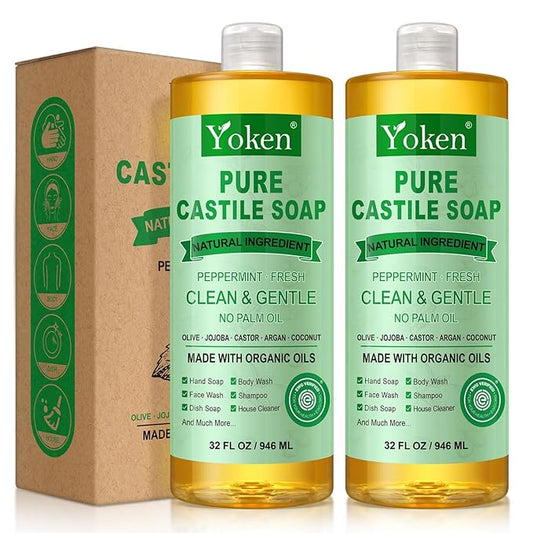 Yoken Peppermint Castile Soap Liquid (EWG Verified, 2pack 32 OZ) Made with Certified Organic Oils, Gentle Peppermint Soap for Body Wash, Face, Dishes, Laundry & More, Vegan Natural Versatile Cleanser