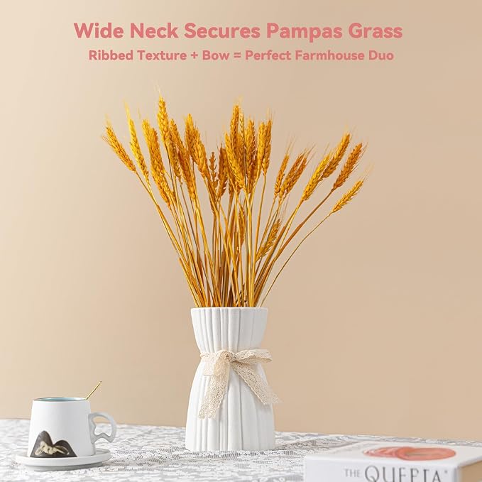 White Ceramic Vase with Lace Bow & Ribbed Texture - 7.7" Unique Flower Vase for Pampas Grass & Centerpieces, Farmhouse/Boho Decorative Vase for Living Room, Office Desk & Gift for Her/Yourself
