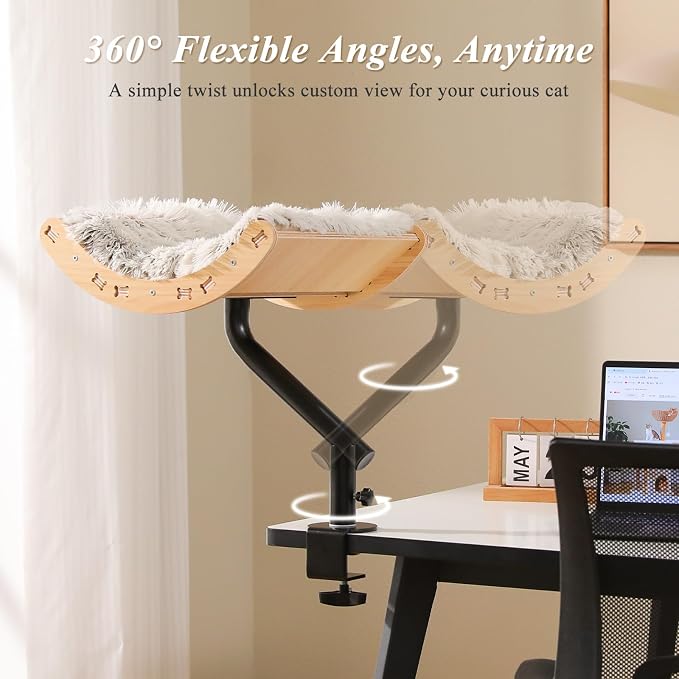 PEQULTI Desk Cat Bed, 360° Rotating Clamp-On Cat Hammock, Wood, Beige | Clamps to desk edge (2.4", no drilling); holds 50 lbs; 360° rotating perch, 11.8" high; removable washable cushion