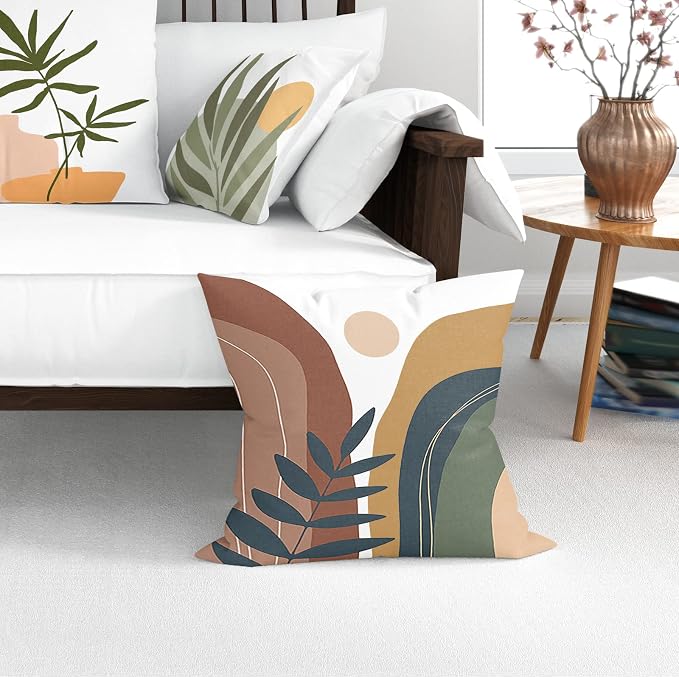COMMINY Abstract Boho Pillow Covers 18x18 Set of 6,Rustic Sunset Leaves Throw Pillow Cover,Minimalist Modern Pillow Case for Couch Sofa Room Home Decor | Breathable Linen, Botanical Leaf, Sunset Pattern, Standard Pillow Size, Modern Couch Sofa Living R...