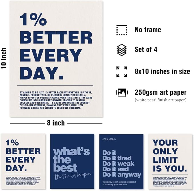 DSHFG Motivational Inspirational Office Wall Art Decor Prints 4Pcs | Navy Blue Office Motivational Wall Decor Trendy Retro Positive Affirmations Quotes Wall Decor Posters, 8x10 Unframed
