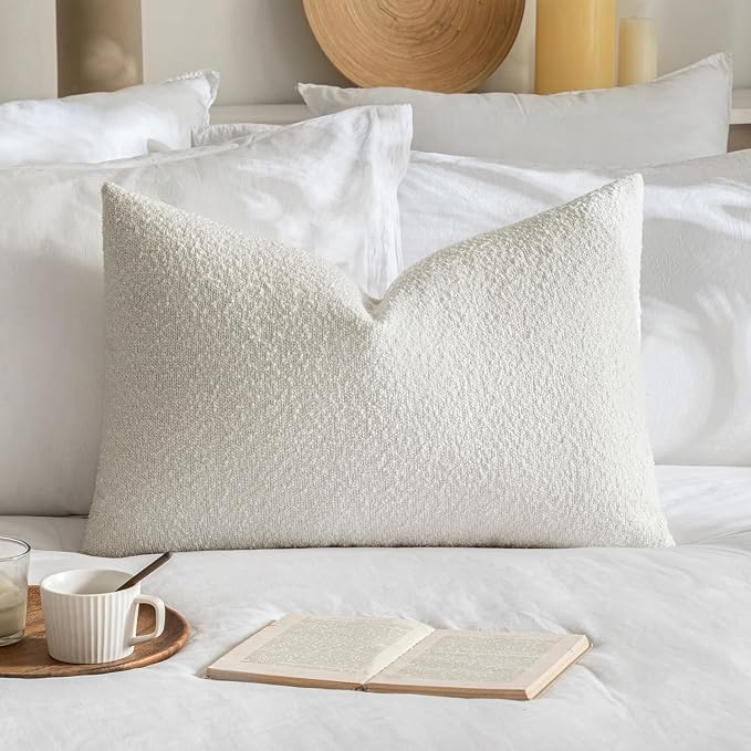 MIULEE Textured Boucle Lumbar Pillow Cover for Bed 16x24 White | Pack of 1 Textured Neutral Couch Throw Pillow Cover, Accent Solid Pillowcase, Sofa Living Room Home Decor