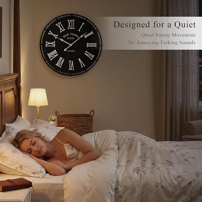 EMAX HOME 20 Inch Large Farmhouse Wall Clock, Rustic Black Distressed Wood Grain Face with White Roman Numerals, Silent Non-Ticking Quartz Movement, Metal Frame Wall Decor for Living Room, Bedroom.