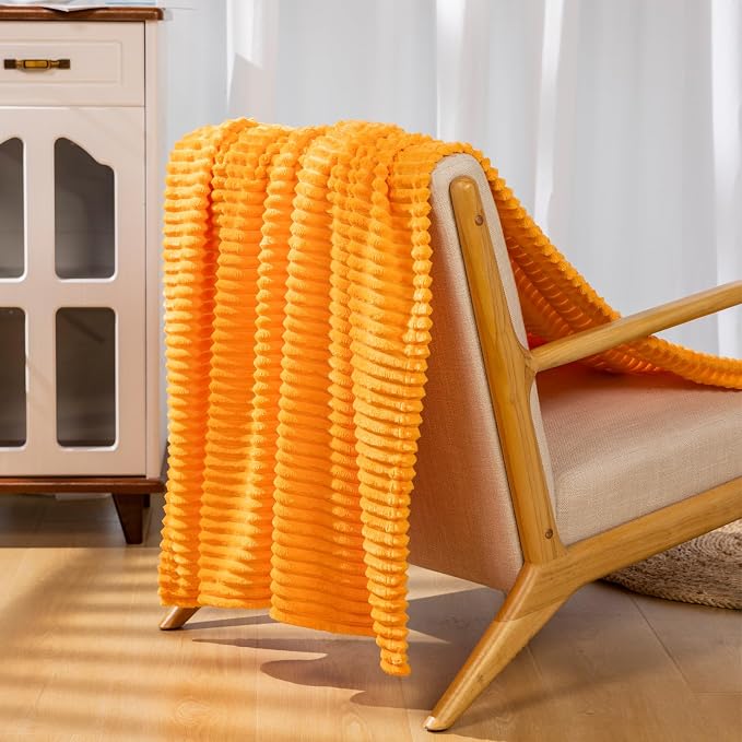 Vessia Flannel Fleece Throw Blanket for Couch,Sofa,Bed, 300GSM Microfiber Light Orange Striped Chair Blanket for Adults and Kids, Super Soft Warm Cozy Lightweight Ribbed Throw for All-Season