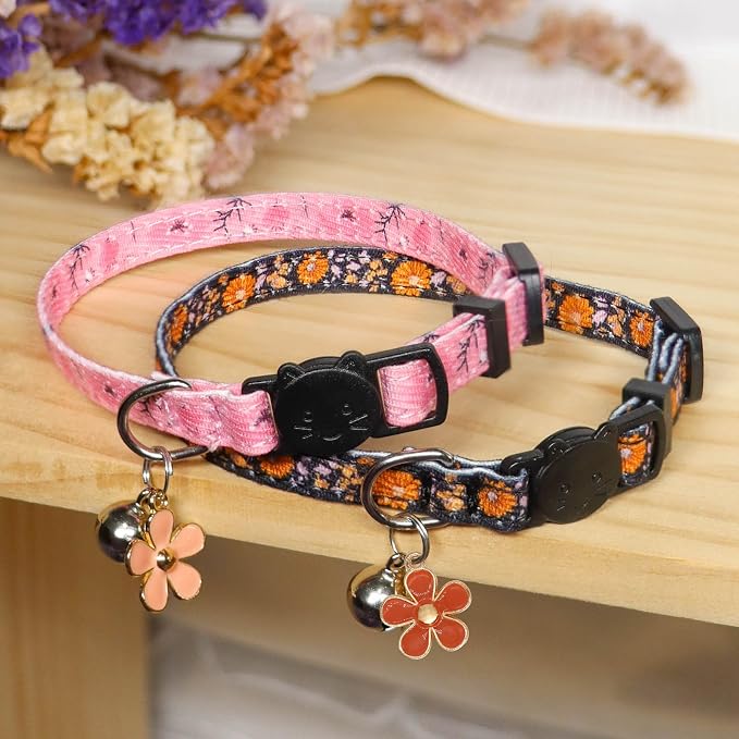 Cat Collar Breakaway, 2 Pack Cotton Kitten Collars with Bells and Removable Charms, Cute Flowers Shaped for Indoor Boy, Girl and Adult Cats