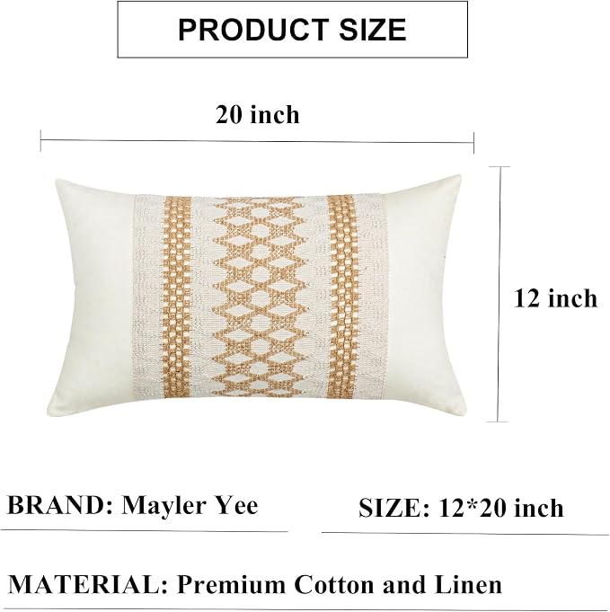 Lumbar Throw Pillow Covers 1PC (Beige & Brown Grid, 12x20 Inch) | Linen Cotton Soft Cozy, Decorative Sofa Couch Pillow Cases, Textured Woven Single Striped, Boho Sytle for Living Room