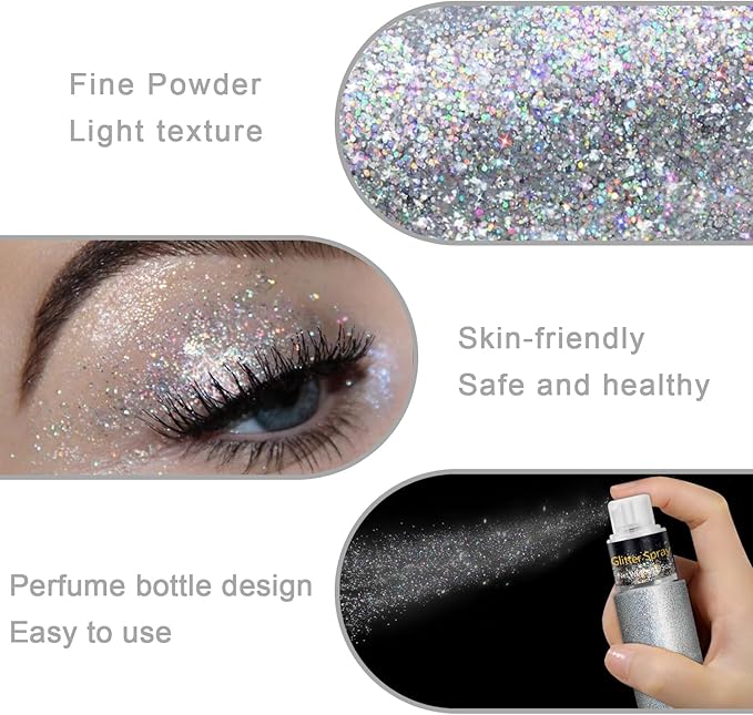 Hair and Body Glitter Spray, Holographic Glitter Highlighter Powder for Rumi Costume Cosplay Makeup, Face Body Clothes Shiny Glitter, Loose Shimmer Hairspray Festival Rave Prom Accessories (Silver)
