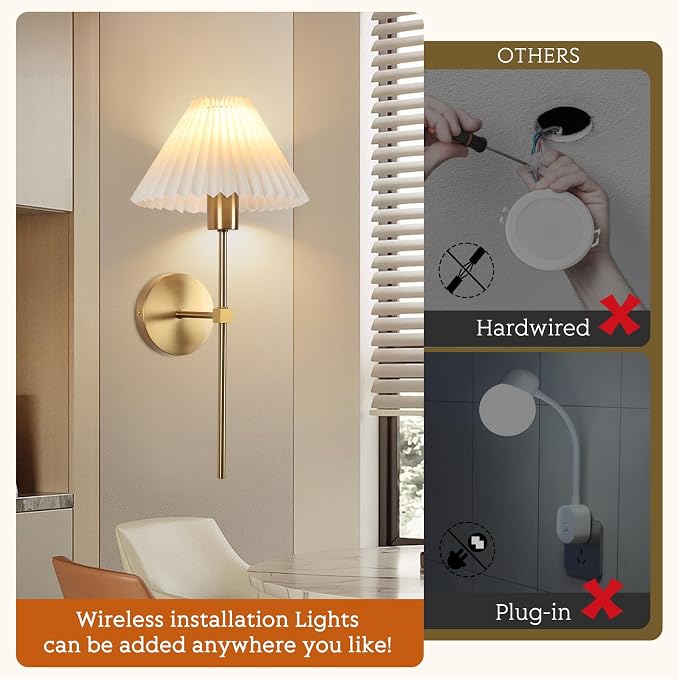 Gold Wireless Wall Sconce Sets of 2, Pleated Shades Rechargeable Battery Operated Wall Sconce, Retro Industrial Wall Lights Bathroom Vanity Sconces, Wall Mounted Lamps for Bedroom Living Room Hallway