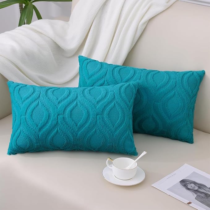 decorUhome Faux Fur Plush Soft Teal Throw Pillow Covers 12x20 Set of 2 | Plush Solid Fall Couch Pillow Covers, Accent Modern Farmhouse Neutral Decorative Square Pillow Cases for Sofa Bed Living Room