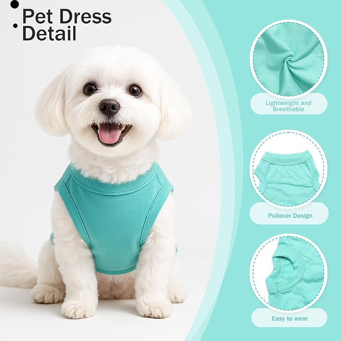 2 Pieces Dog Clothes for Small Dogs Girl Boy Spring Summer Puppy Soft Dog Shirt Solid Color Chihuahua Clothes Pet Clothing Cute Cat Cloth XXS~M (Cyan,Dark Green, Medium)