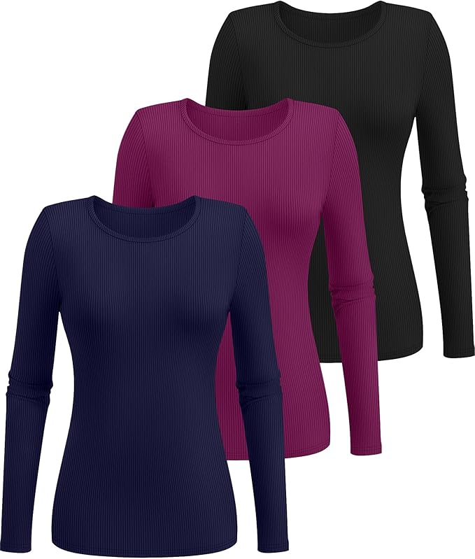 Ficerd 3 Pack Women's Ribbed Long Sleeve Tops, Crew Neck Slim Fit Undershirts Knit Basic Casual Stretch Layering Tee Shirts