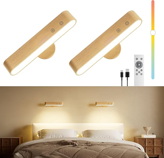 PopoIron Rechargeable LED Wall Sconces Set of Two,Wall Lights for Bedroom with Remote Control and Touch,360° Magnetic Rotation,3 Colors Dimmable Brightness Wood Wall Lamps with 15 RGB Colors,2 Pack