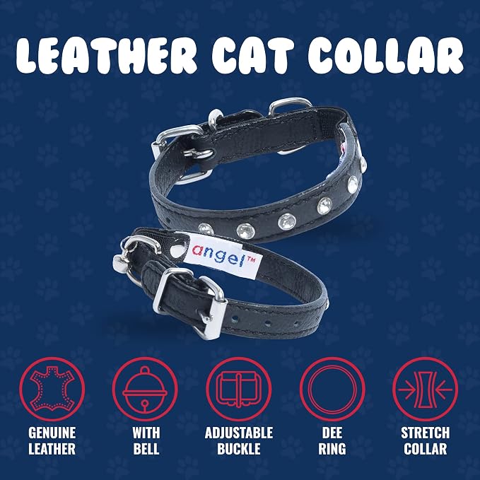 Athens Cat Collar, Leather Kitten Collar w/Rhinestones, Sturdy Breakaway Cat Collar with Bell & Elastic Stretch, Cat Accessories, Midnight Black, 10 x ½ inches - Angel Pet Supplies