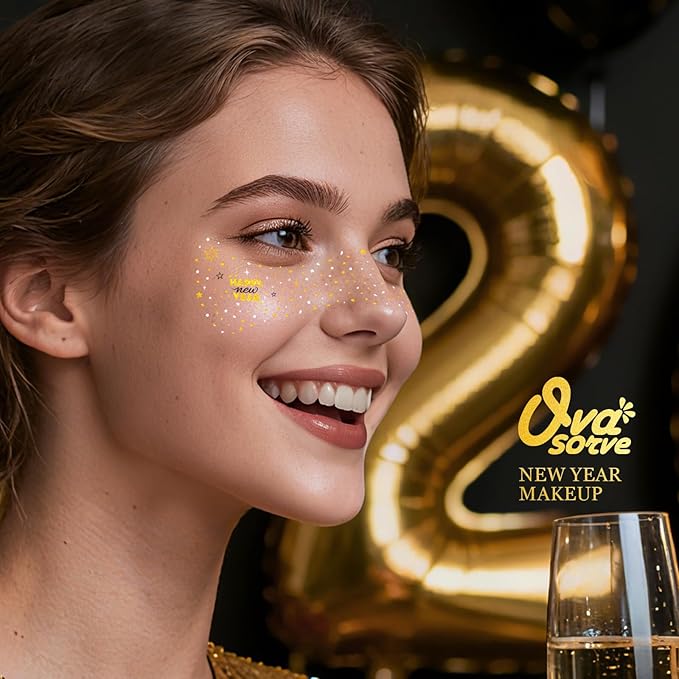 Happy New Year Freckles Face Tattoo - Glittering Stars & Fireworks in Metallic Gold & Silver | Waterproof Facial Gems for NYE Makeup, Festival Celebration & New Years Eve Party Supplies 2026