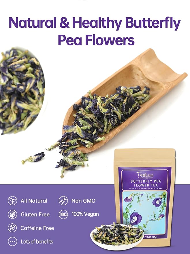 TeeLux Butterfly Pea Flower Tea, Non-GMO, Pure Natural Butterfly Pea Tea, Premium Dried Butterfly Pea Flower for Blue & Purple Drinks and Food Coloring, 1.76 Oz