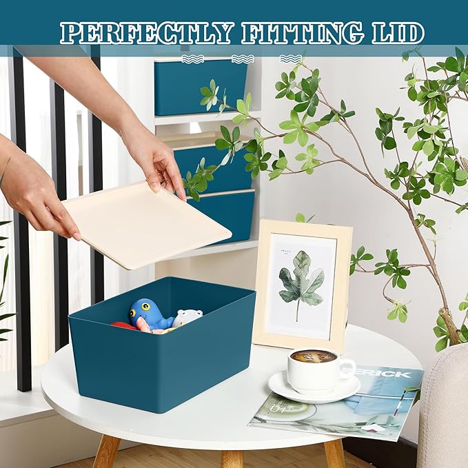 4 Pcs Storage Bins with Lids Plastic Stackable Containers for Classroom Room Organizing Shelves Christmas Ornament Box Baskets(Blue,Small)