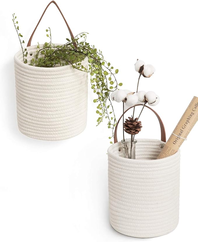 Goodpick 2 Pack Cotton Rope Wall Hanging Baskets for Home Decor | Boho Woven Hanging Plant Basket Decor, Decorative Basket for Home, Size 7.87×7×11.7 Inches for Wall Flower & Home Storage