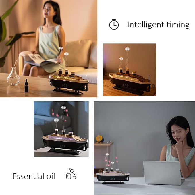 Essential Oil Diffuser, 250ml Ship Modelling Aromatherapy Ship Oil Diffuser Cool Mist Humidifier with Remote Control, Remote 2 Spray Mode Auto Shut-Off, 7 Color LED Light for Home Office(Black)