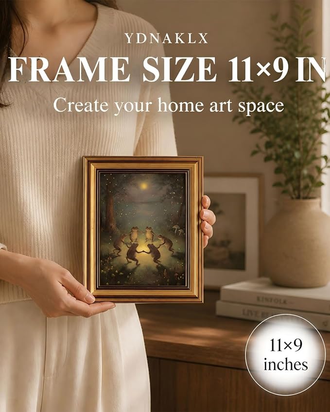 Gold Framed Wall Art, Vintage Whimsical Dancing Frogs Canvas Prints, Moonlight Woodland Animal Picture Wall Decor, Dark Academia Cottagecore Forest Artwork for Nursery Bedroom 9x11 inch