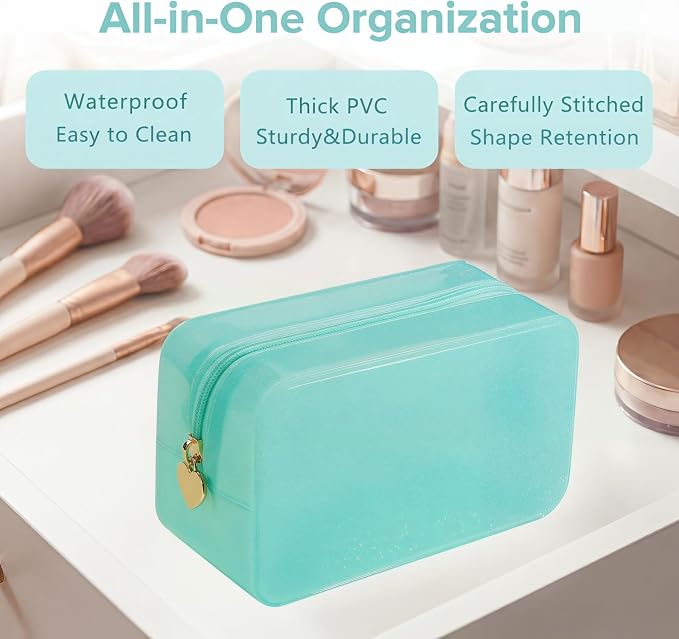 RSRSLEII Stardust Twinkle Jelly Travel Makeup & Toiletry Bag, Waterproof PVC Cosmetic Bag/Case for Women，Zipper SPF Beach Bag for Sunscreen Skincare and Daily Essentials (09Light Blue)