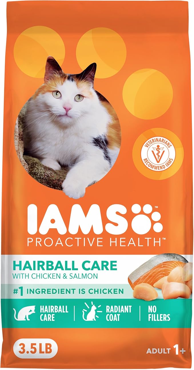 IAMS Proactive Health Hairball Dry Cat Food, Chicken & Salmon, 3.5 lb | Veterinarian-recommended, reduces hairballs, supports healthy digestion, maintains healthy weight, nourishes heart