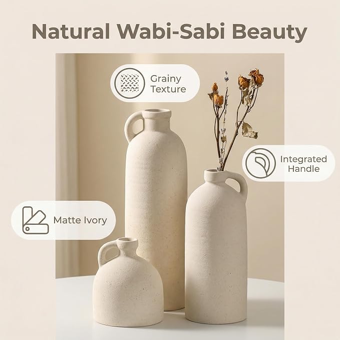 Flower Vase Set of 3, Ceramic Home Decor for Living Room - Modern Rustic Farmhouse Centerpiece for Table, Shelf & Bedroom - Decorative Vases for Office, Bathroom, Dining Desk