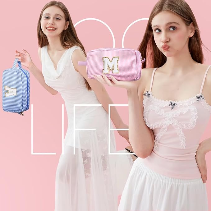 YOOLIFE Initial Cosmetic Bag for Women - Monogram Cute Blue Makeup Bags Toiletry Pouch Make Up Case for Women Her Best Friend Friendship Sister Teacher, Personalized Birthday Gifts for Women P