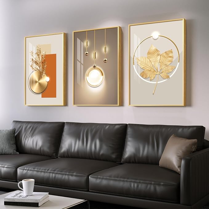 Framed Modern Luxury Gold Large Wall Art for Living Room, 3 Piece 24x36 In | Soild golden framed prints, Crystal coating wall paintings, Big geometric wall art for bedroom dining room hallway
