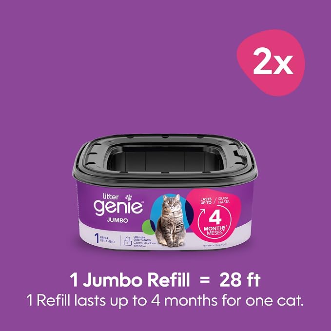 Litter Genie Jumbo Refill Bags, 2-Pack, 56 ft of Continuous Film | Long-lasting multi-layer refill film with odor-locking technology provides up to 8 months of cat litter disposal for one cat.
