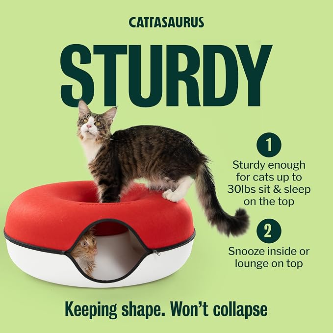 Peekaboo Cat Cave, Extra Spacious for Multiple & Large Cats 12+ lbs, Scratch Detachable Cat Beds for Indoor Cats, Washable Tunnel Bed, Comfy Donut Tunnel (Ruby Snowball, Jumbo)
