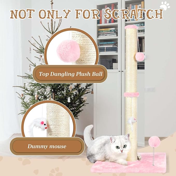 ANWA 32" Tall Sisal Cat Scratching Posts Tree for Indoor Cats Adults, Pink | Sisal Cat Scratcher, Small Space, Cat Post with Dangling Plush Toys for Indoor Cats, 15.7" Stable Base, Cat Furniture