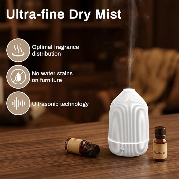 Essential Oil Diffuser, 100ml Aromatherapy Diffuser, White | Ultrasonic Cool Mist Humidifier, 7 Color LED Lights, Auto Shut-Off, Diffuser for Home, Bedroom, Office, Yoga