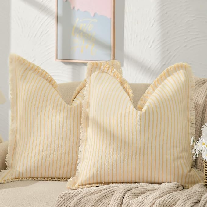 Throw Pillow Covers 20x20 Set of 2 Striped Pillow Covers with Fringe Chic Cotton Decorative Pillows Square Cushion Covers for Sofa Couch Bed Living Room Farmhouse Decor, (Yellow)