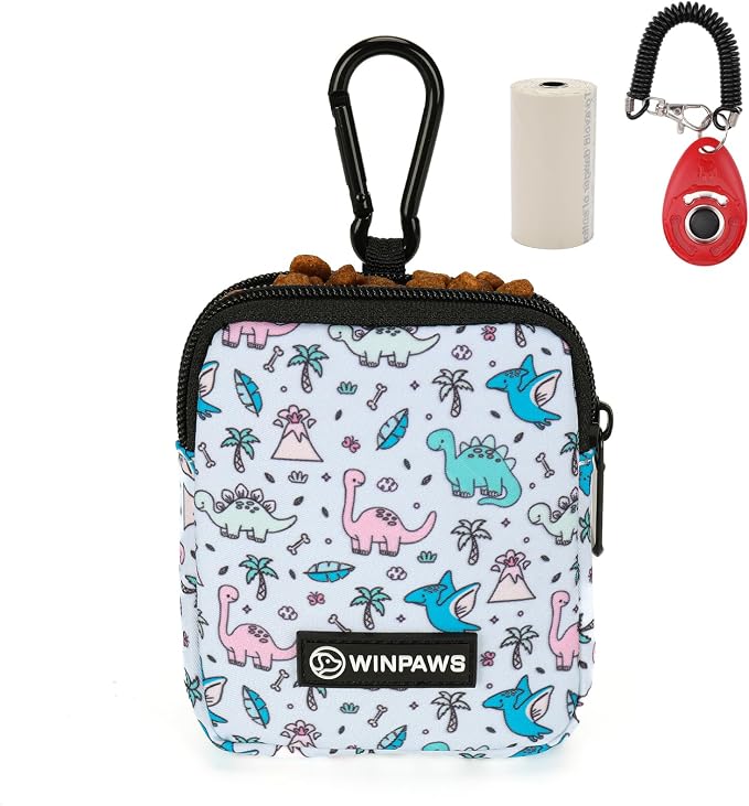 Dog Treat Pouch with Training Clicker,Waterproof Nylon Fabric Poop Bag Holders for Leashes,Hands Free Small Dog Walking Bag with Carabiner, Pet Puppy Training Walking Essentials (Dinosaur)