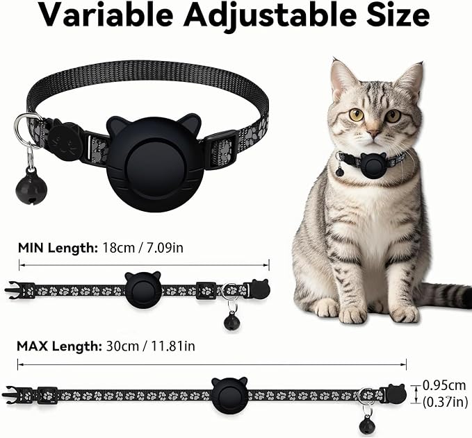 GPS Tracker for Cat Tracker Collar Waterproof Airtag Compatible with Apple Find My (iOS ONLY) No Monthly Fee Breakaway Design Reflective Pattern Bell Black Durable Cat Tracking
