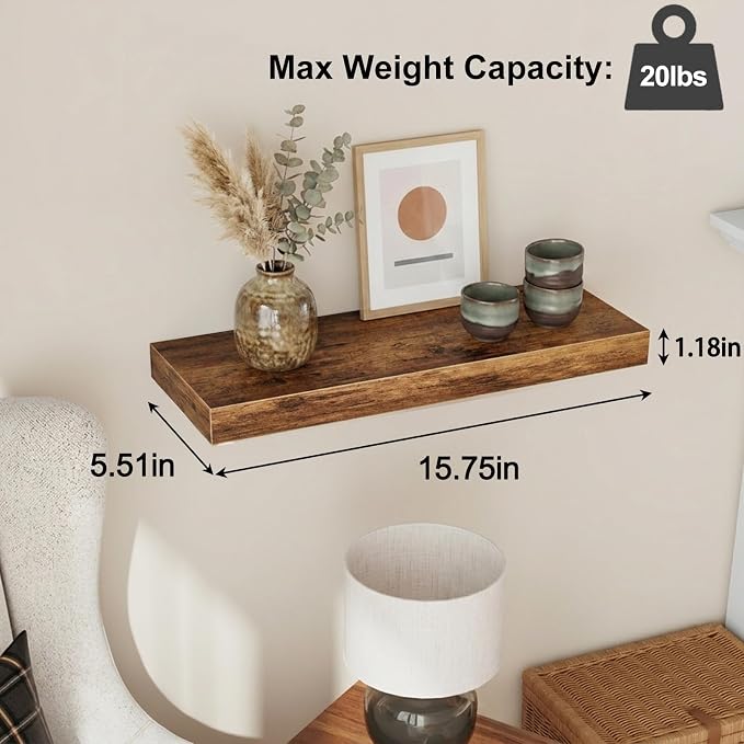Fixwal Floating Shelves for Wall Decor (Rustic Brown, Set of 4, 15.7 Inch) | MDF Shelves with Metal Brackets, Space Saving for Books, Decor, Works in Bathroom, Kitchen, Living Room, Bedroom
