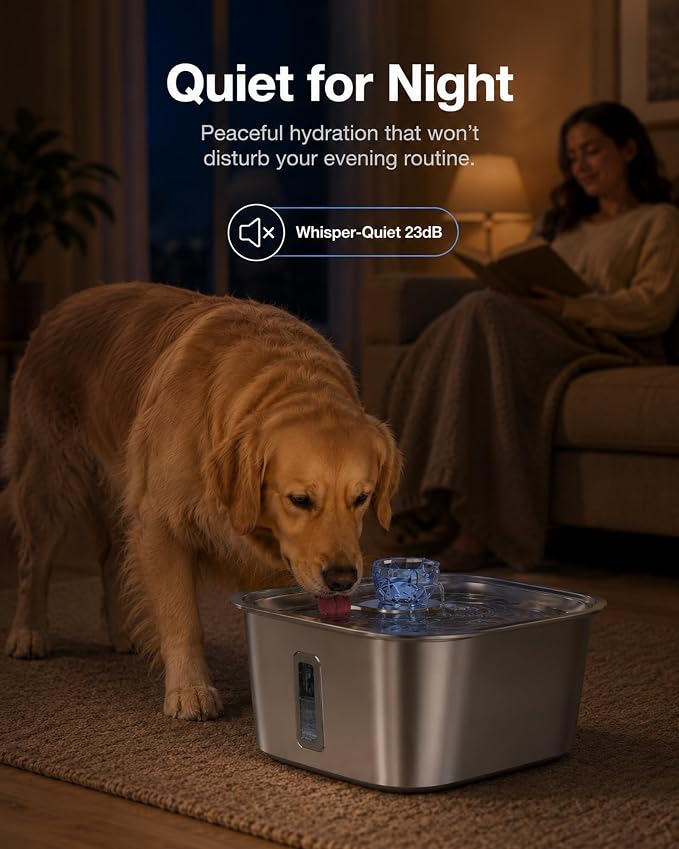 PETNF 2.1-Gallon Stainless Steel Dog Water Fountain for Large Dogs, Dog Water Bowl Dispenser with 2 Filters, Visible Water Window, Quiet Pump & LED Low-Water Indicator