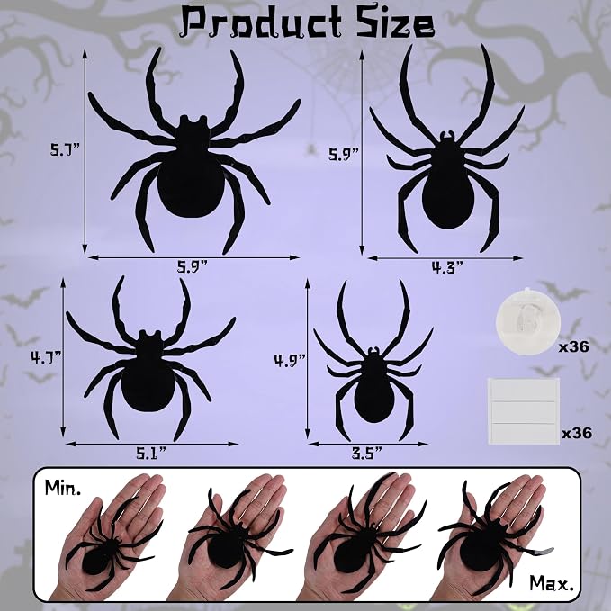 DR.DUDU 36 Pack Halloween Wall Decor Light up Spiders, Purple | 3D Spider Stickers, Removable Wall Decals, Assorted Sizes, PVC, Window Decorations, For Indoor Outdoor Bathroom Home Party