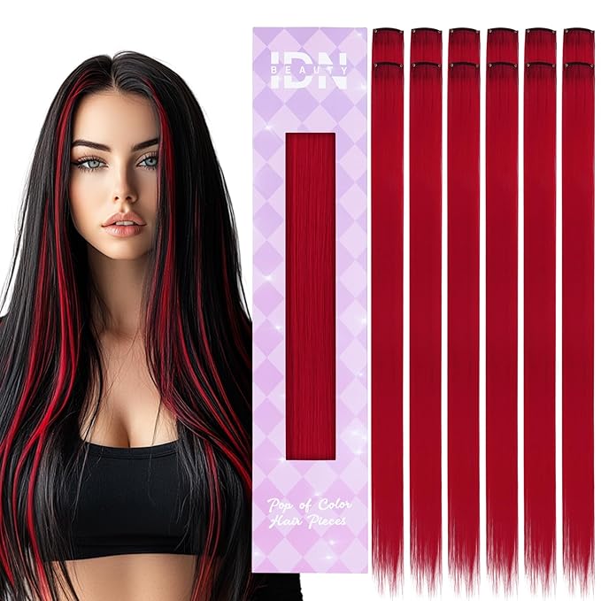 IDN BEAUTY Colored Clip in Hair Extension, 12PCS Red 24Inch Invisible Clip Straight Synthetic Hair Pieces for Women, Hair Accessories for Party Cosplay Travel Birthday