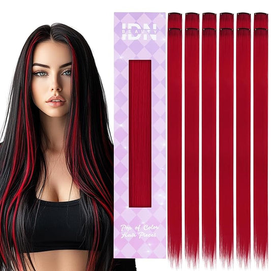 IDN BEAUTY Colored Clip in Hair Extension, 12PCS Red 24Inch Invisible Clip Straight Synthetic Hair Pieces for Women, Hair Accessories for Party Cosplay Travel Birthday