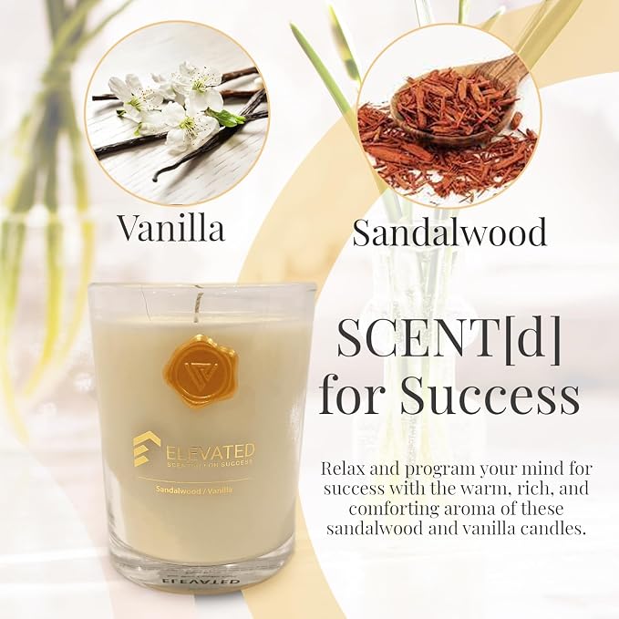 Elevated Scent[d] for Success Vanilla Sandalwood Candle | Long Lasting Candles for Aromatherapy | 9.1oz Large Candle Jar with Up to 70 Hours Burn Time